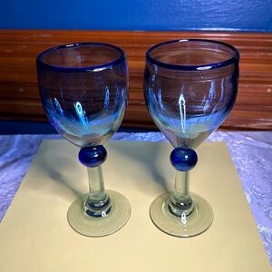 Hand-blown glass goblet, cobalt blue color and unique ball-shaped stem~Mexico8”